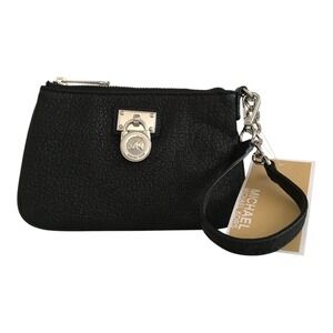 Michael Kors Womens Hamilton Leather Wristlet Black Silver
